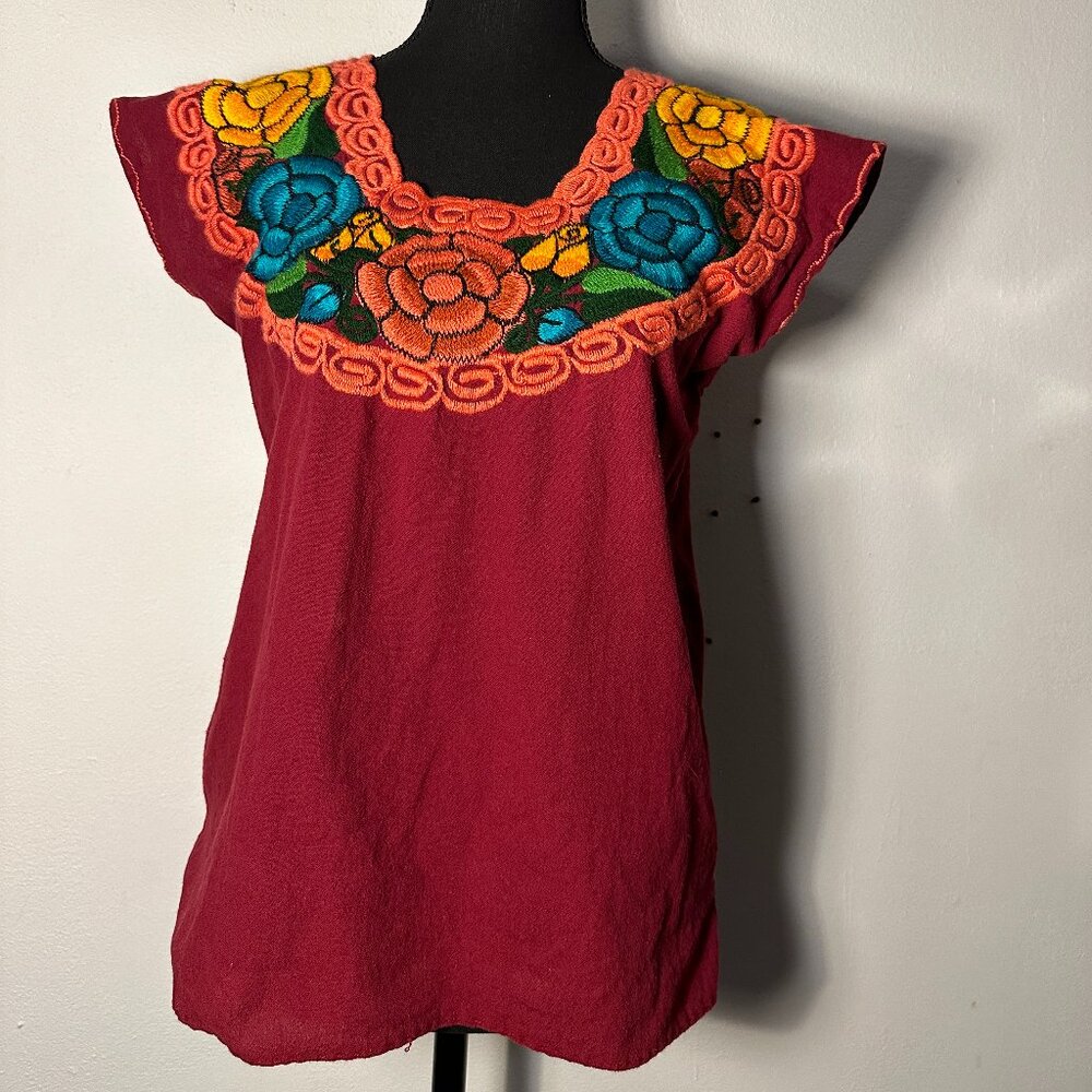 Vibrant Hand-Embroidered Mexican Peasant Blouse - Floral Design - Boho Chic